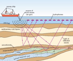 Seismic surveys use reflections from air gun noise to study the structure of the sea floor (Source: Open Learn)