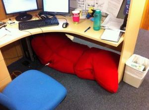 First step to getting more sleep - bean bag nap area under desk.  Win!