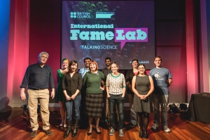 Media trainer Malcolm Love (far left) with some of the FameLab Australia 2015 finalists